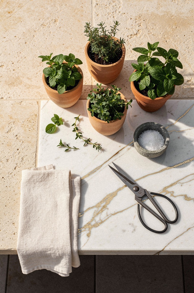 Style clay pots along the counter edge