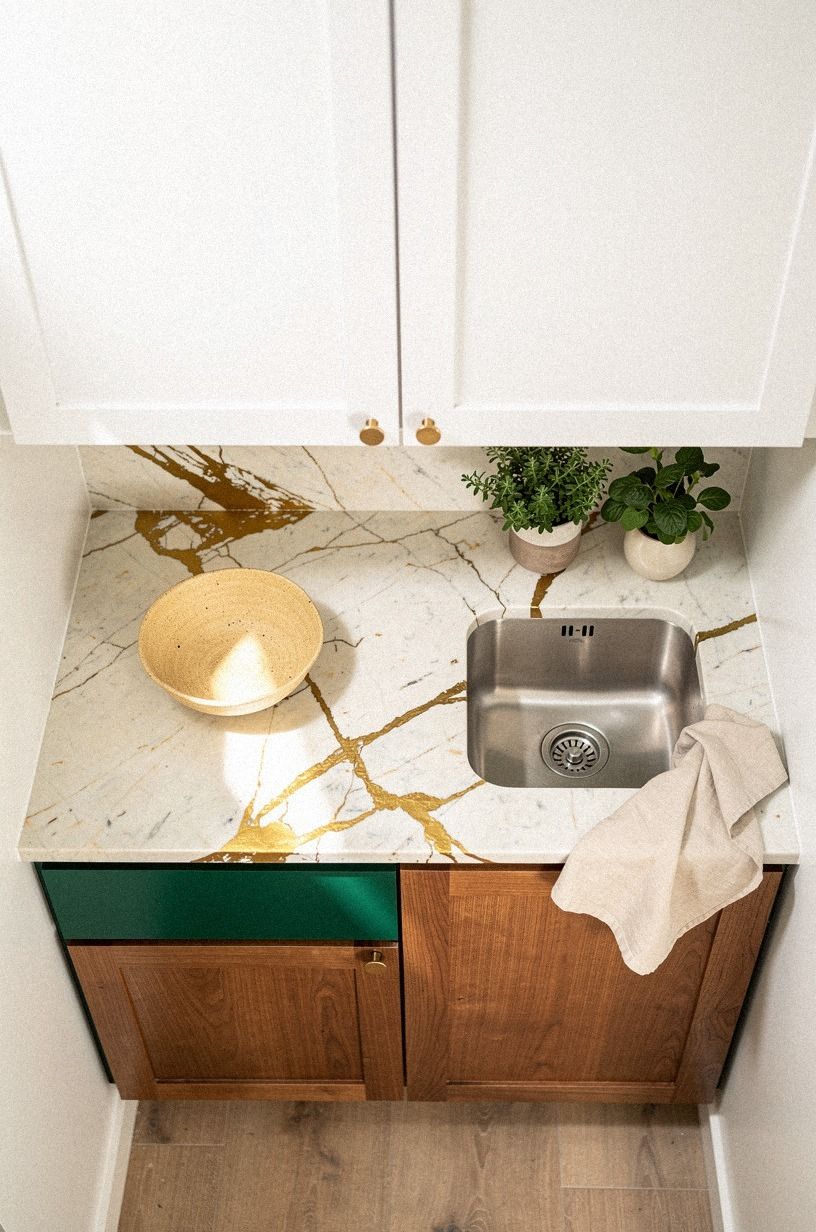Mix white uppers with wood base cabinets