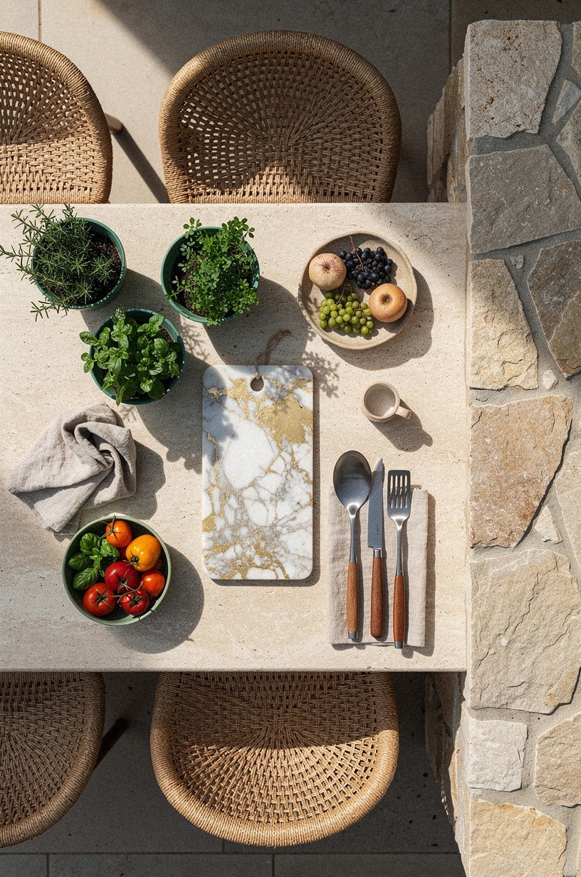 Style woven stools beside the farm table