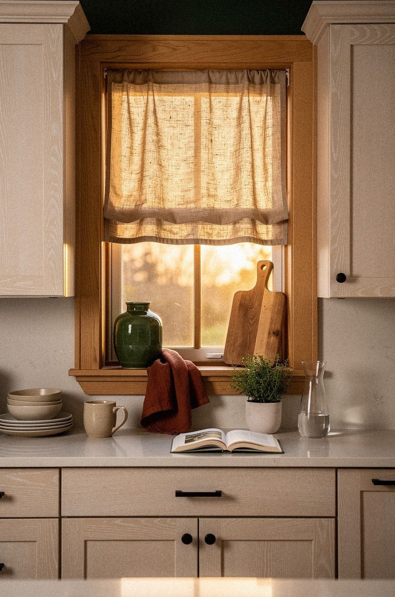 Repeat oak trim around the kitchen window