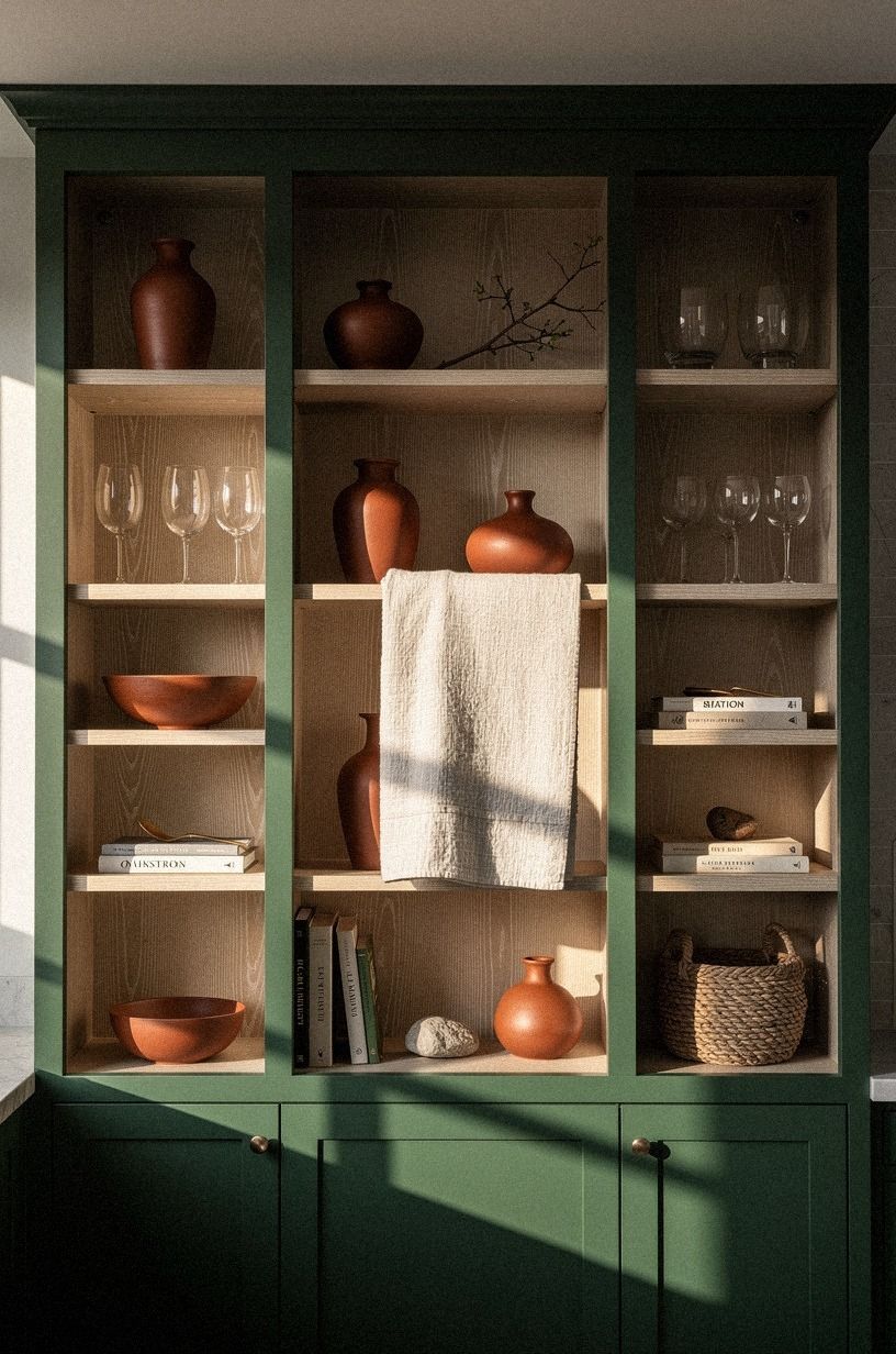 Highlight open cubbies inside green cabinetry