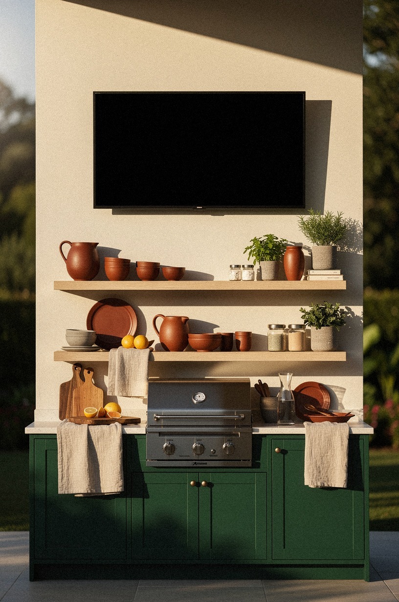 Style open shelves below the screen