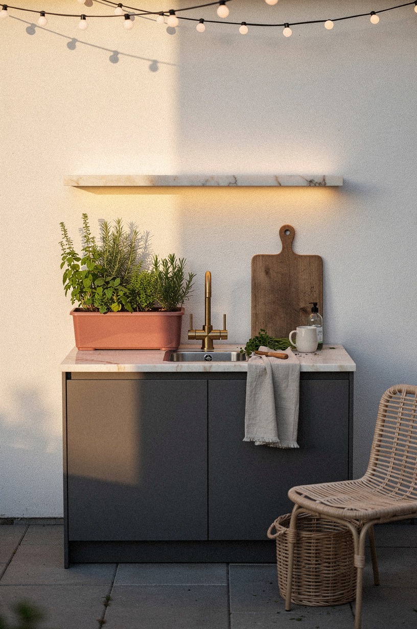 Plant herb boxes beside the sink