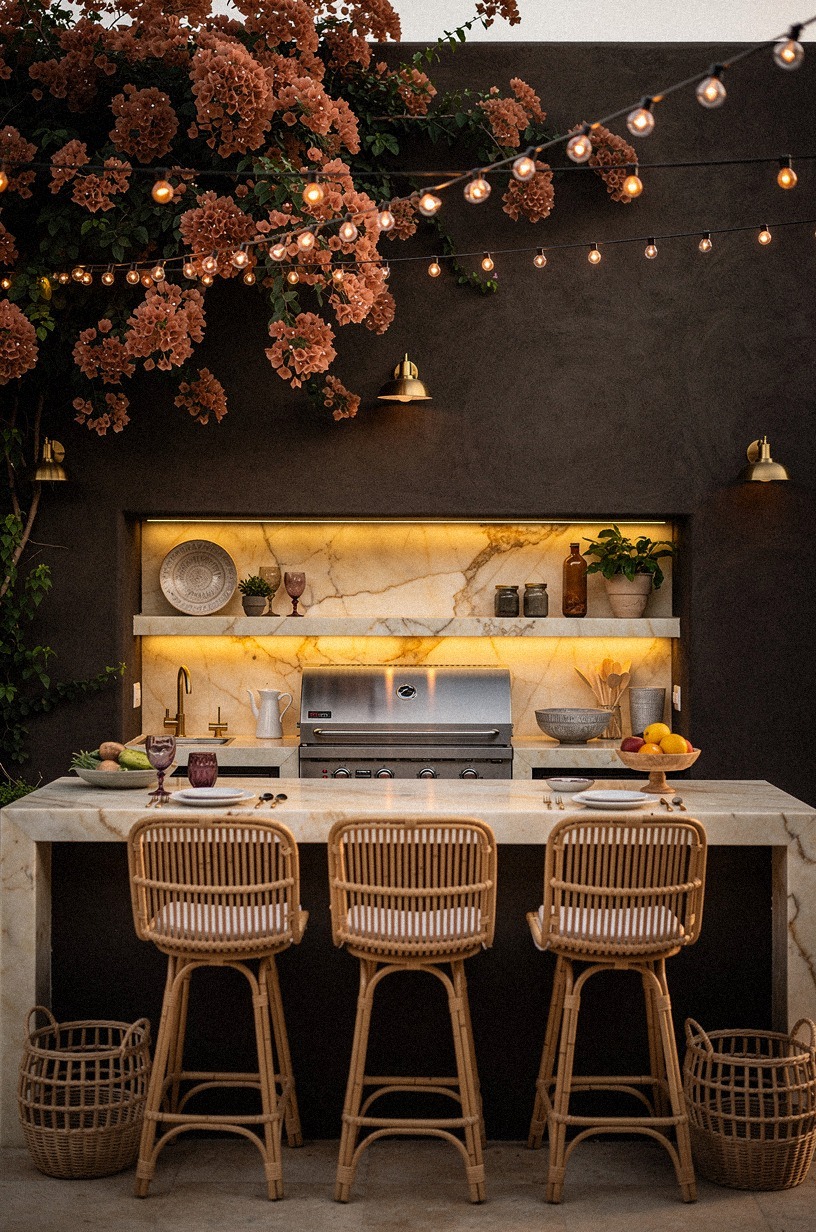 What colors make a hacienda outdoor kitchen feel warm without going busy?