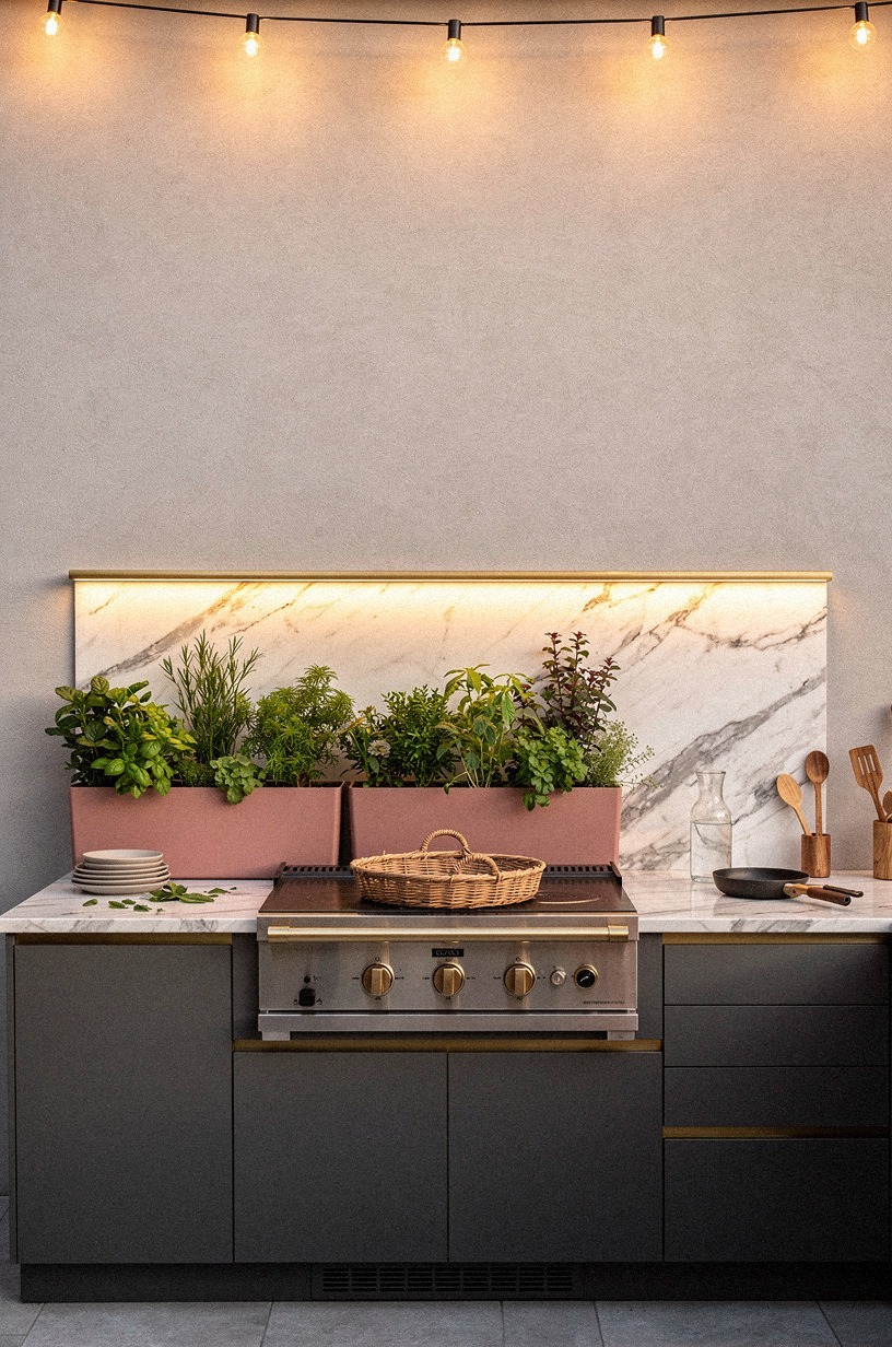 Plant herb troughs beside the prep counter