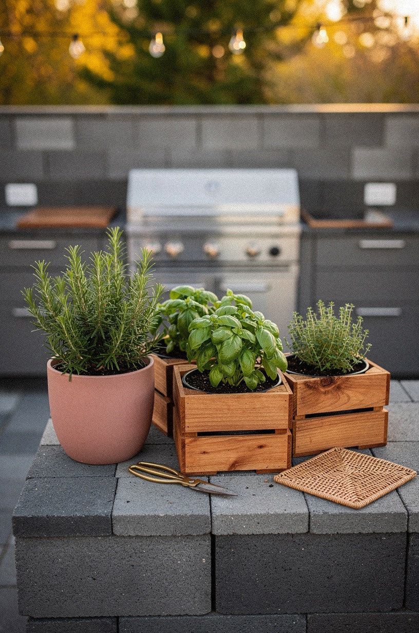 Plant herb crates beside the prep station