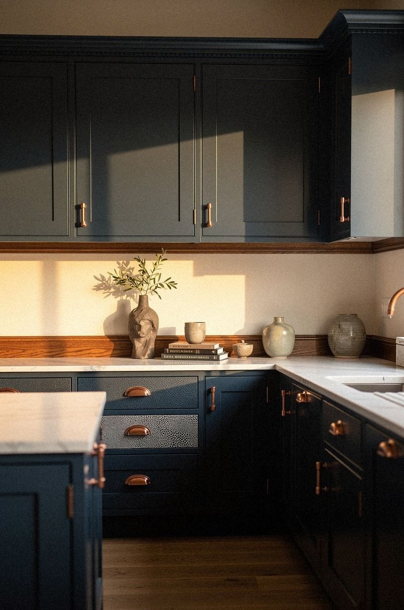 add a band of warm wood at counter height (the picture-rail move)
