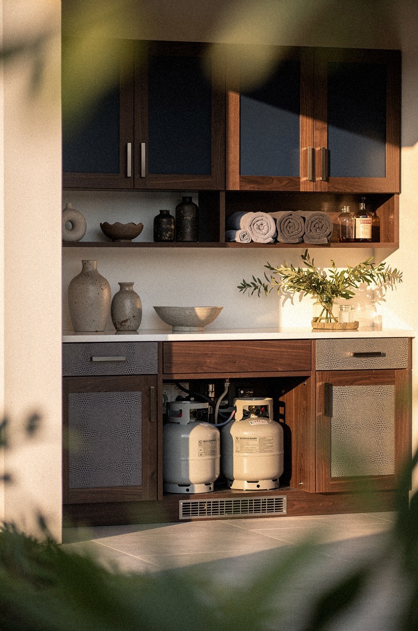 Build storage for tools, propane, and pool towels