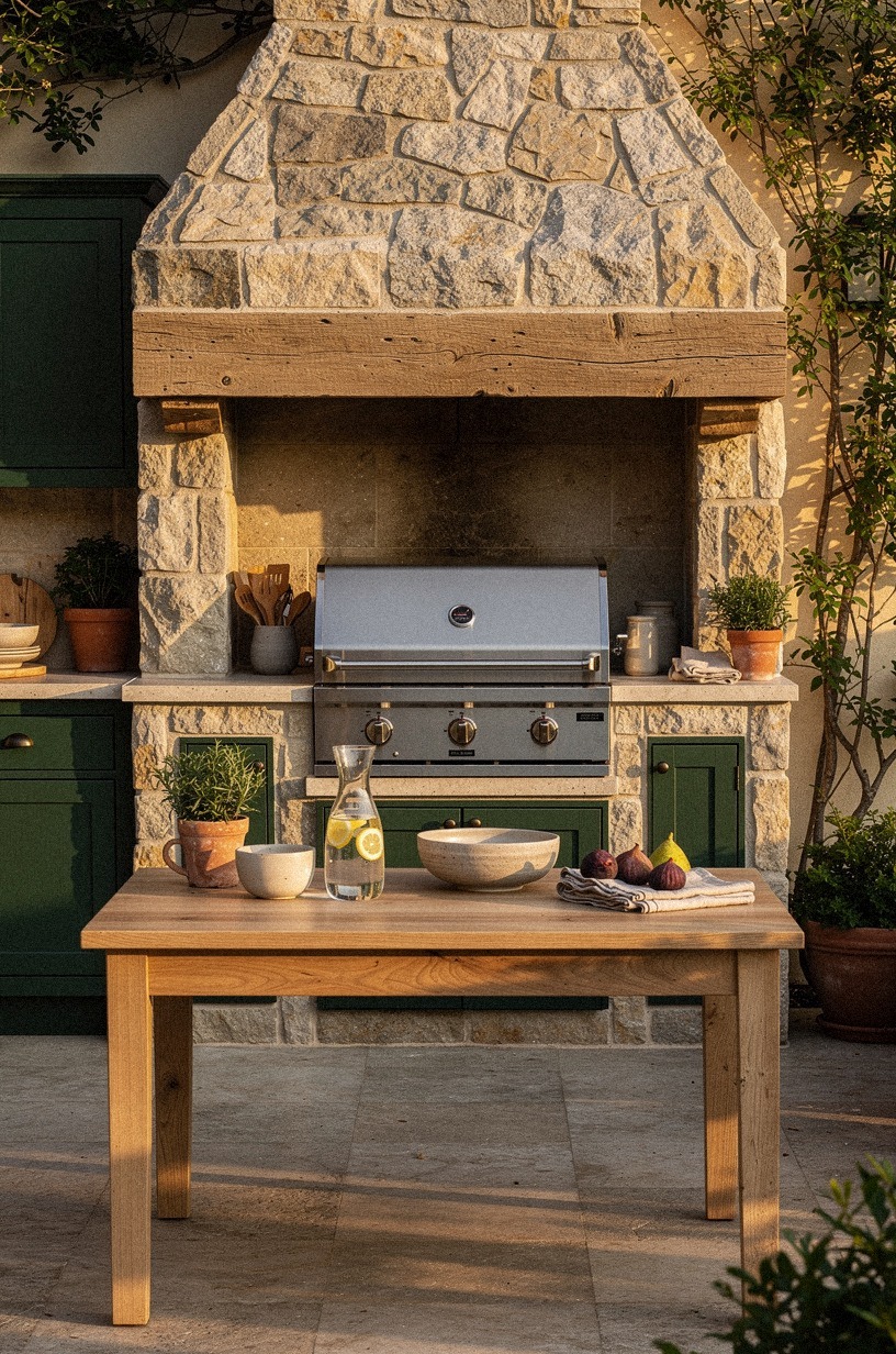 Frame the grill with a cerused white oak apron for an old-world read