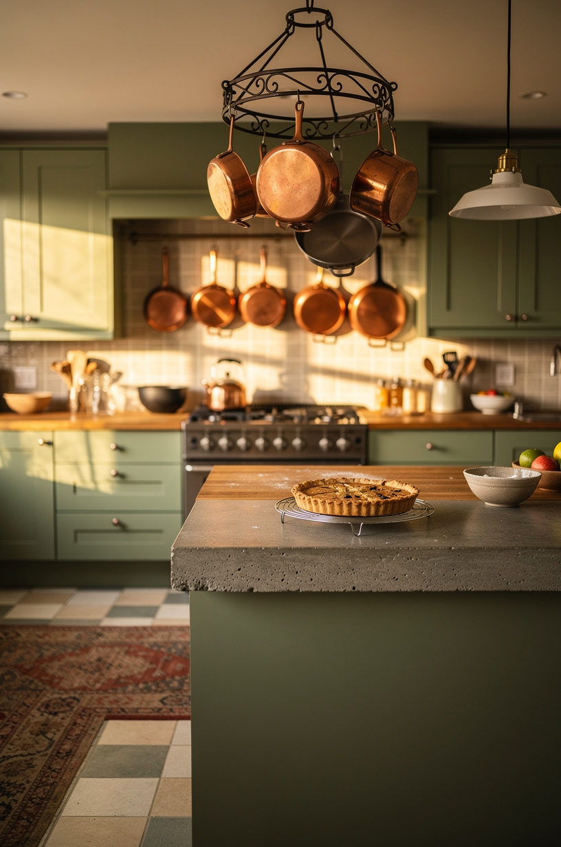Hang a <strong>wrought iron pot rack</strong> over the stove or island