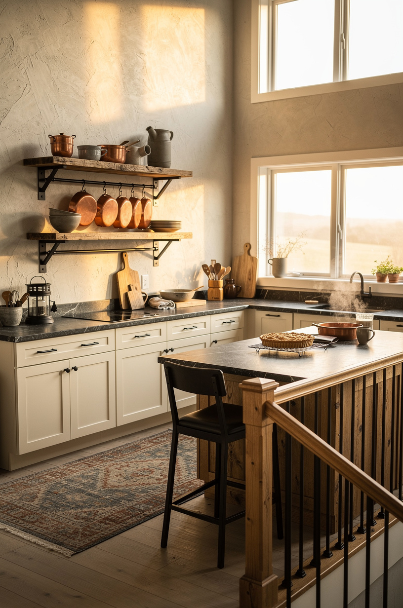 Install open shelving in <strong>reclaimed pine</strong> with iron brackets