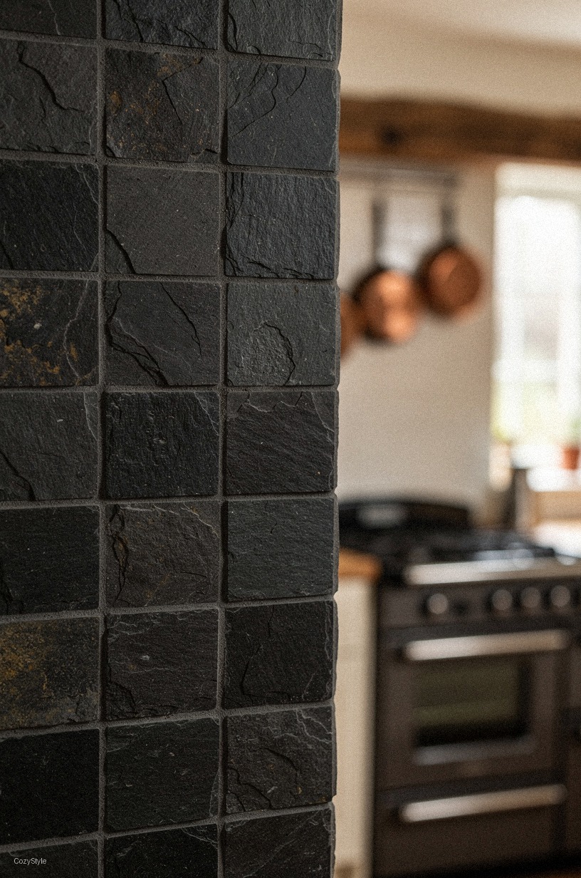 Lay <strong>honed black slate</strong> or zellige tile for the backsplash