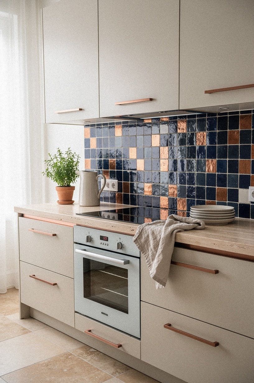 lay warm travertine on the backsplash even if the counter is plain