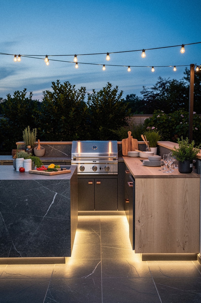 layer two materials with washed Belgian linen at the cooking and serving zones