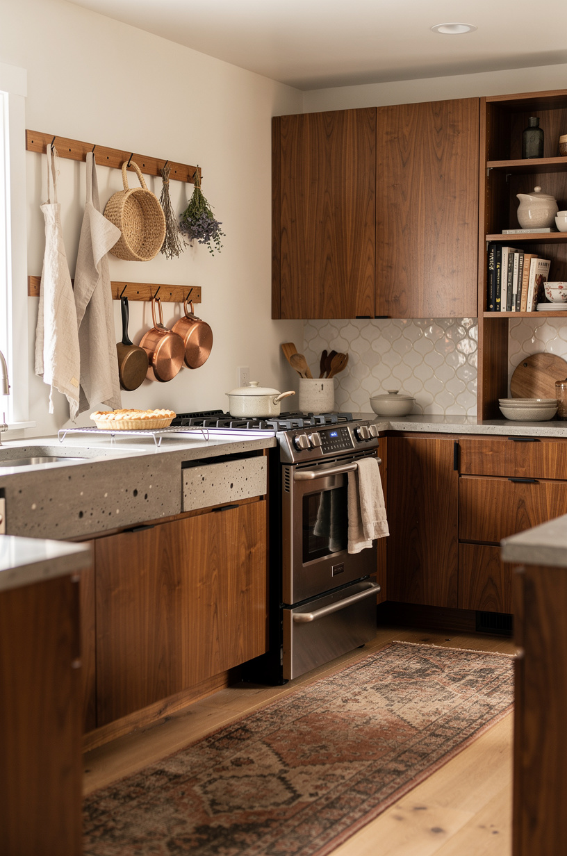 Line a wall with <strong>peg rails</strong> for aprons, baskets, and dried herbs
