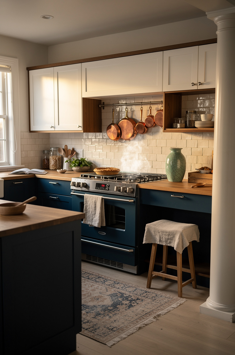 Paint lower cabinets in <strong>Farrow & Ball Hague Blue</strong> and uppers in warm white