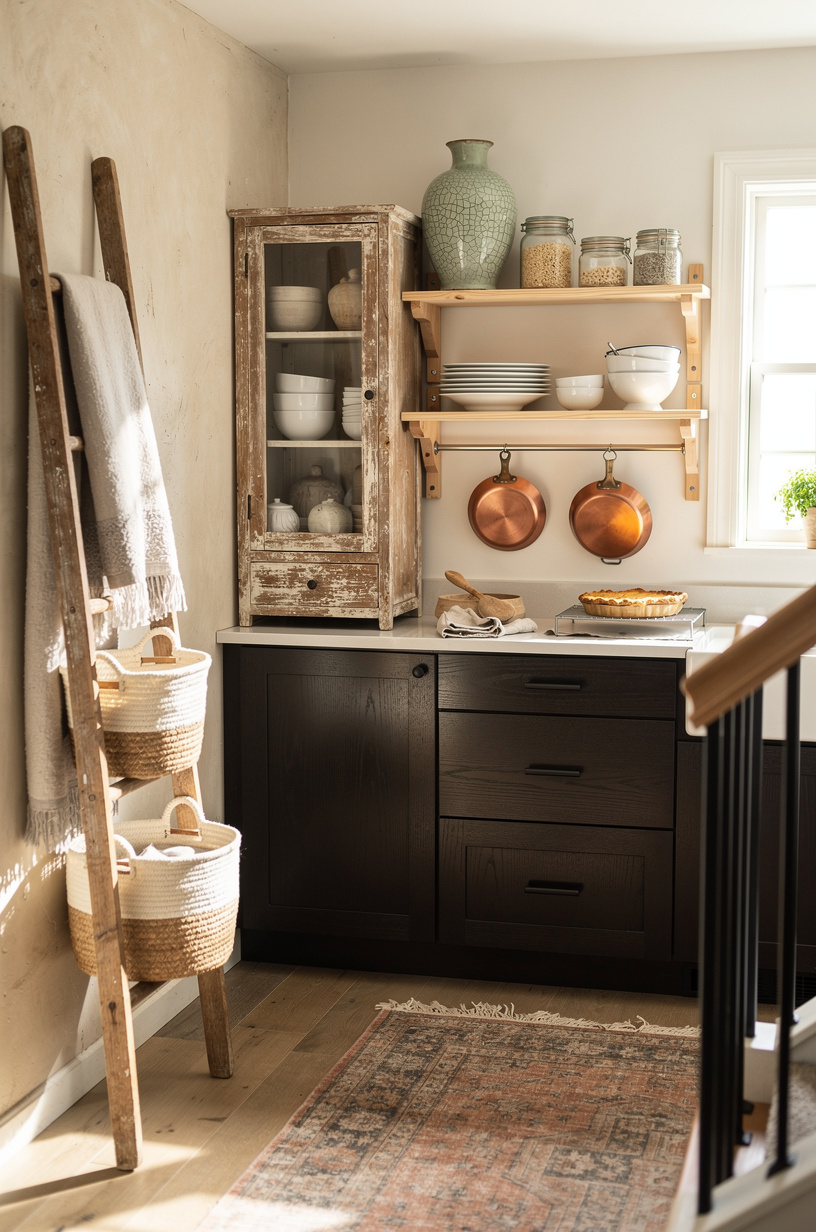 Prop a <strong>vintage ladder</strong> against the wall for blankets and baskets