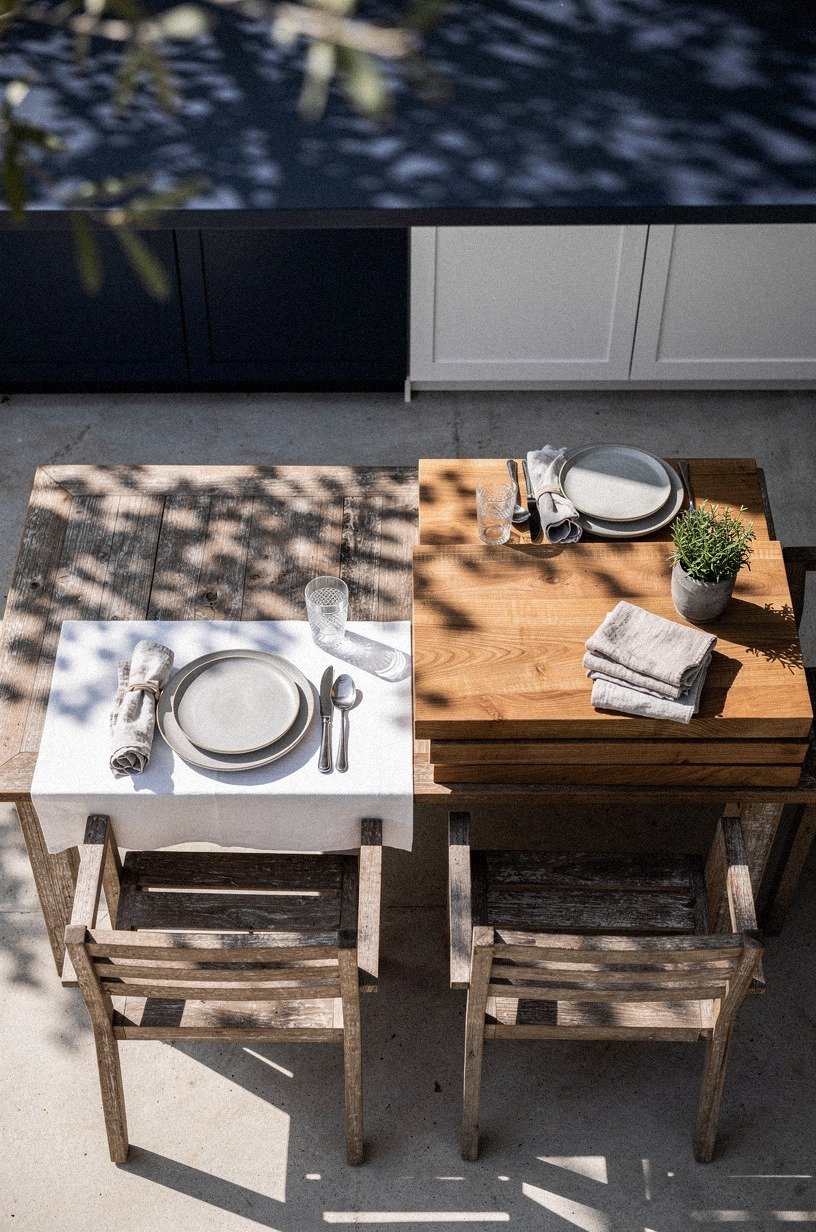 stack reclaimed weathered teak in covered zones only