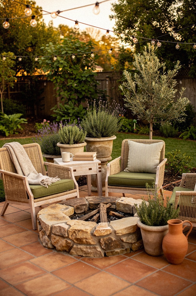 Circle a low fire pit with mismatched woven chairs
