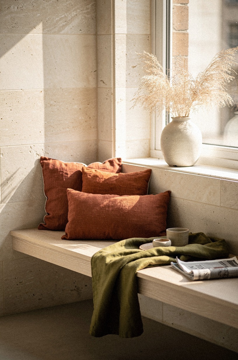 Float a slim bench into the window bay for a sunlit perch