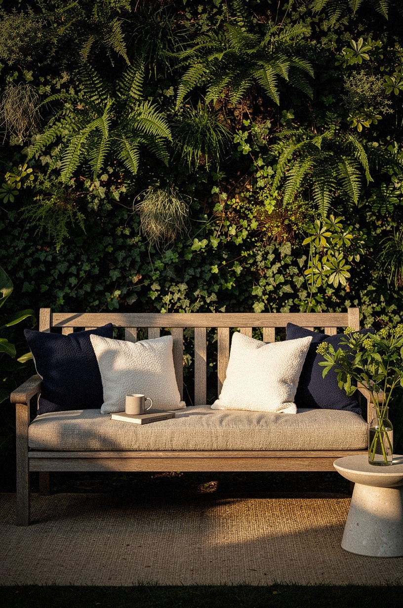 Set a weathered teak bench against a living wall