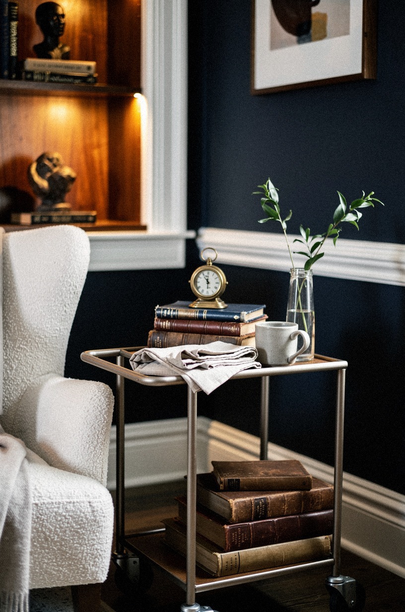 Tuck a rolling cart beside the chair for a mini library stack
