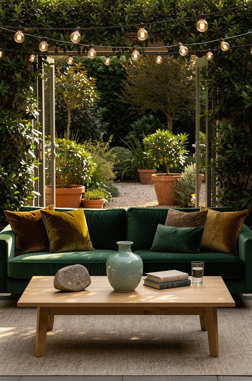 Hang string lights in a loose canopy above the seating