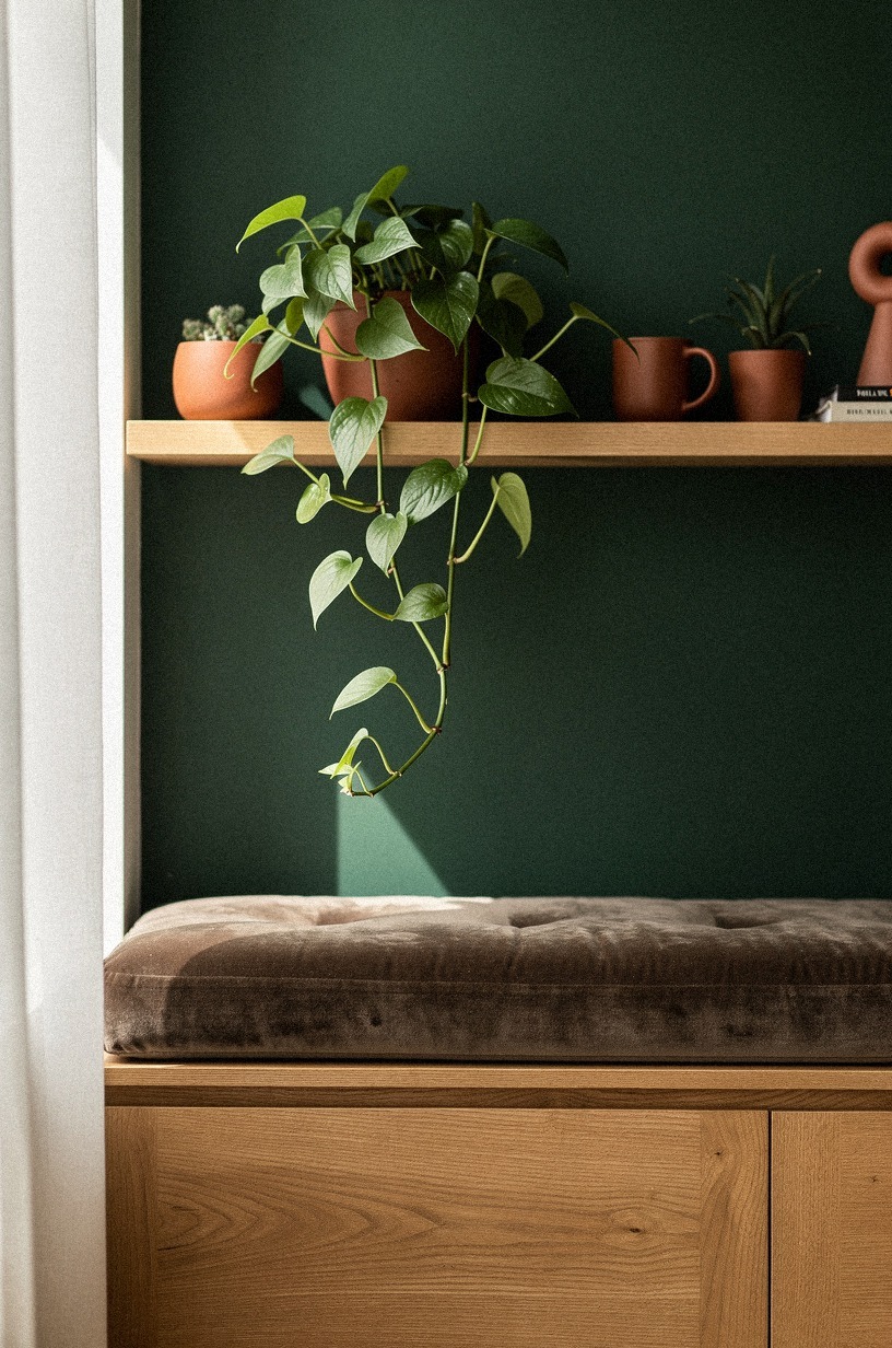 Mount a floating shelf above the nook for a single trailing plant