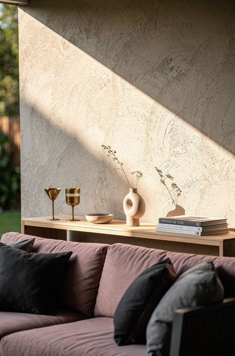 Tuck a narrow console behind the sofa for drinks