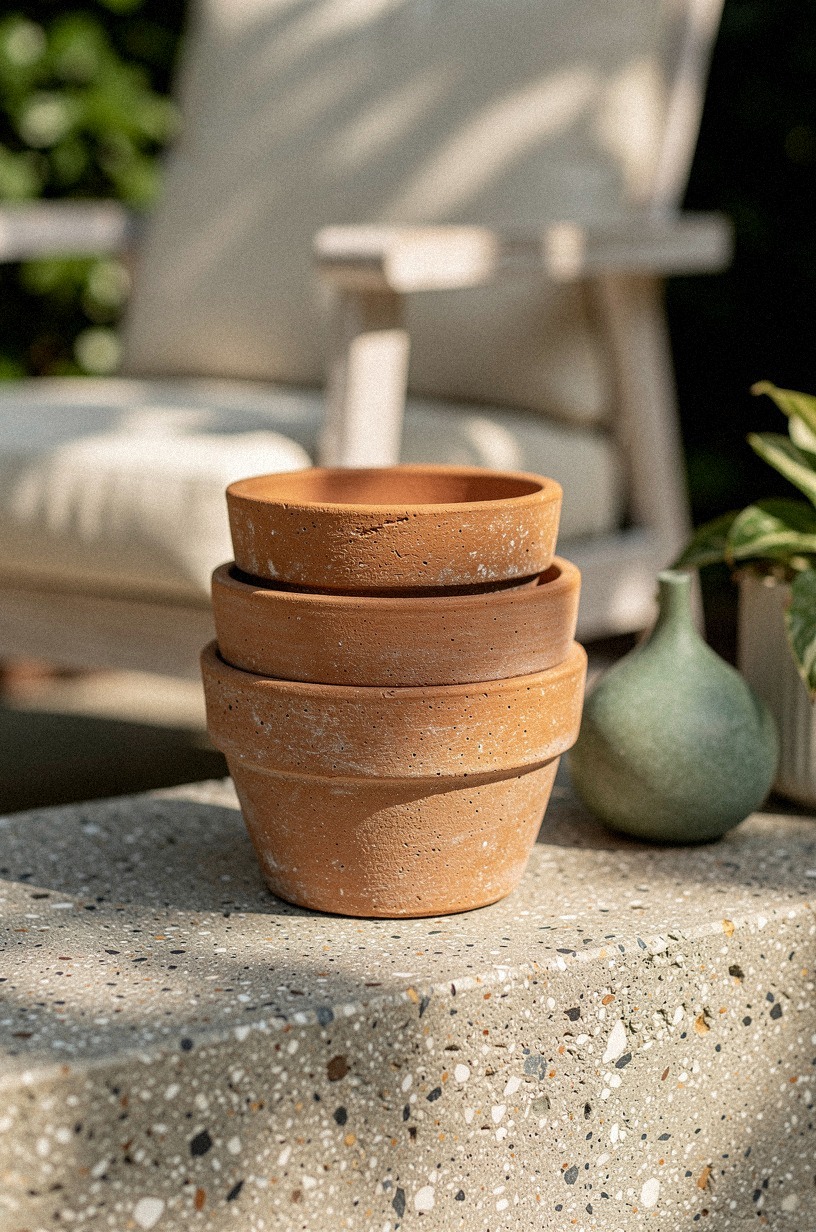 Stack terracotta pots as a sculptural side table
