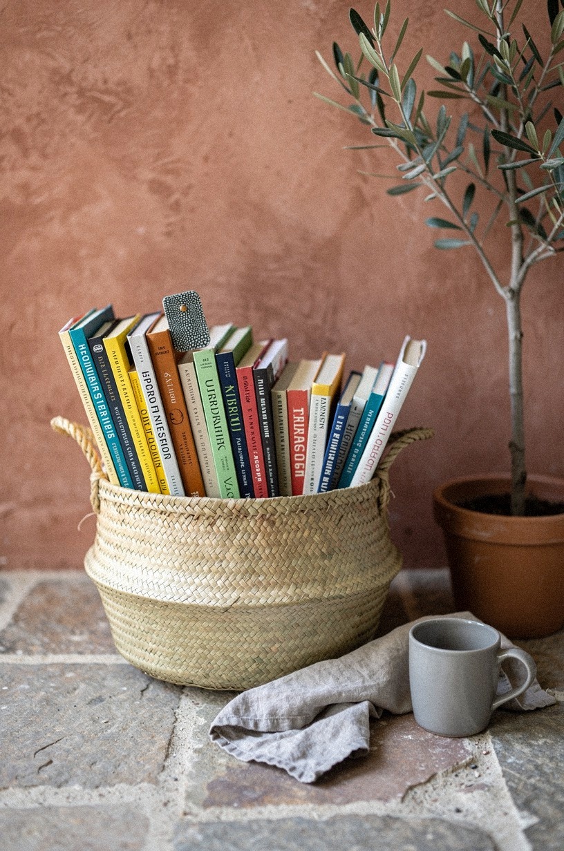 Curate a small basket of unread books as a visual prompt