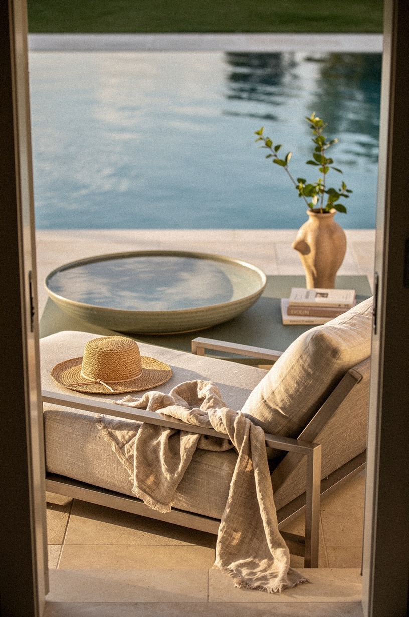 Stage a single large bowl as a water mirror
