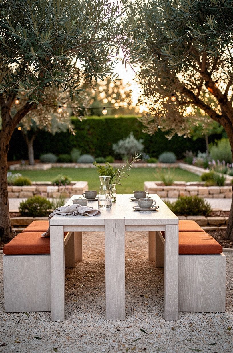 Build a gravel breakfast nook under olive trees
