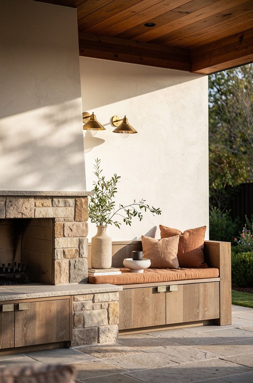 Frame the hearth in built-in cedar benches
