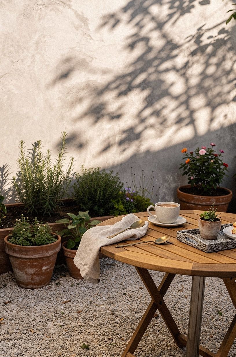 Place a round teak table beside the herb beds
