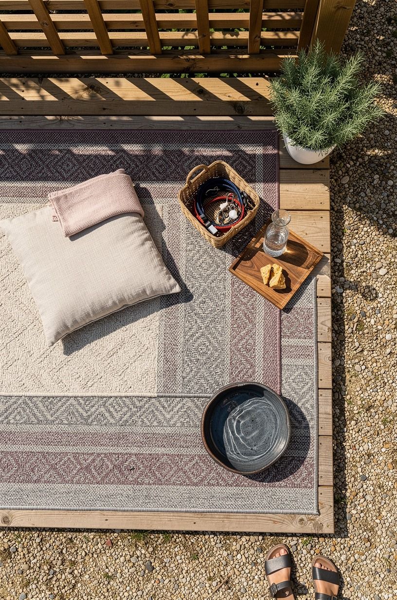 Layer washable rugs under the pergola