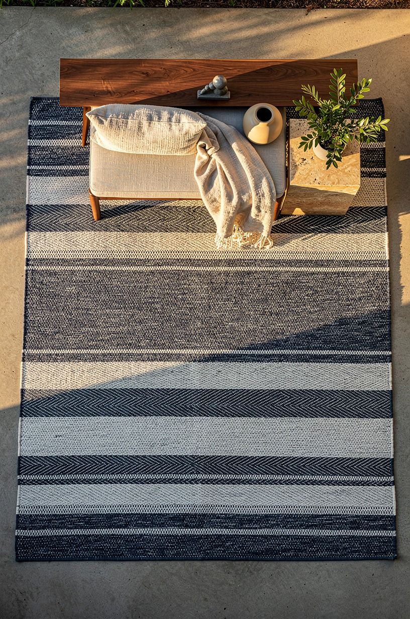 Layer outdoor rugs over plain concrete