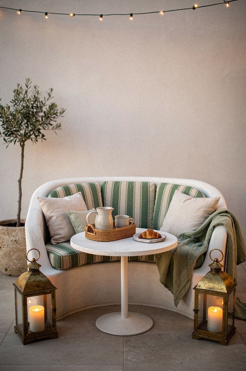 Layer striped cushions on a curved outdoor bench