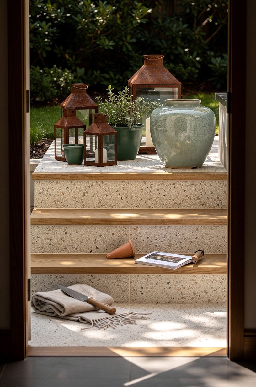 Cluster lanterns beside the back steps