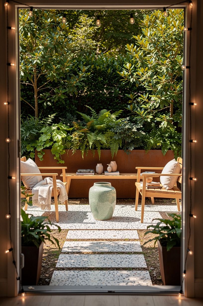 Hung string lights from planter posts