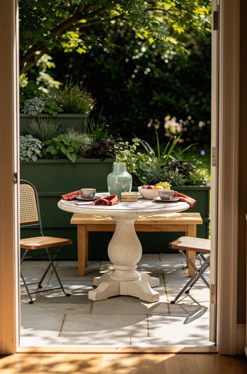 Why does a stone pedestal table beat four legs in a small nook?