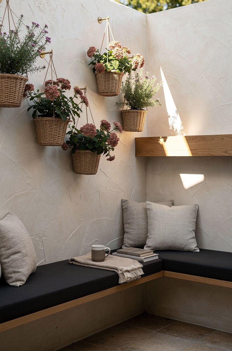 Hang woven planters on the privacy wall