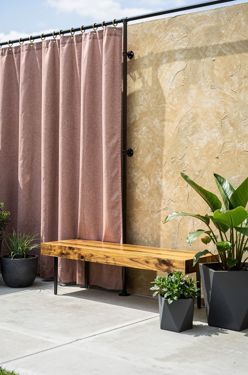 Hang outdoor curtains from a pipe rail