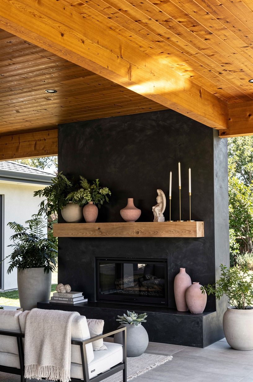 Style the mantel low with greenery and ceramics