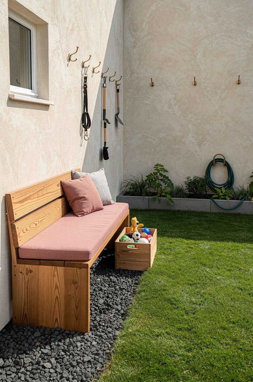 Add a cedar bench beside the toy bin