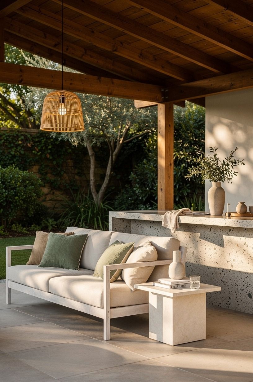 Hang a woven rattan pendant over the seating zone