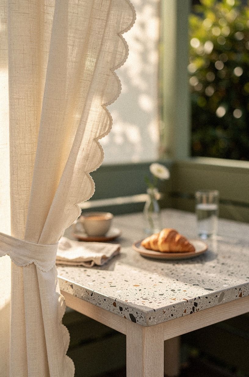 Add scalloped cafe curtains to the pergola