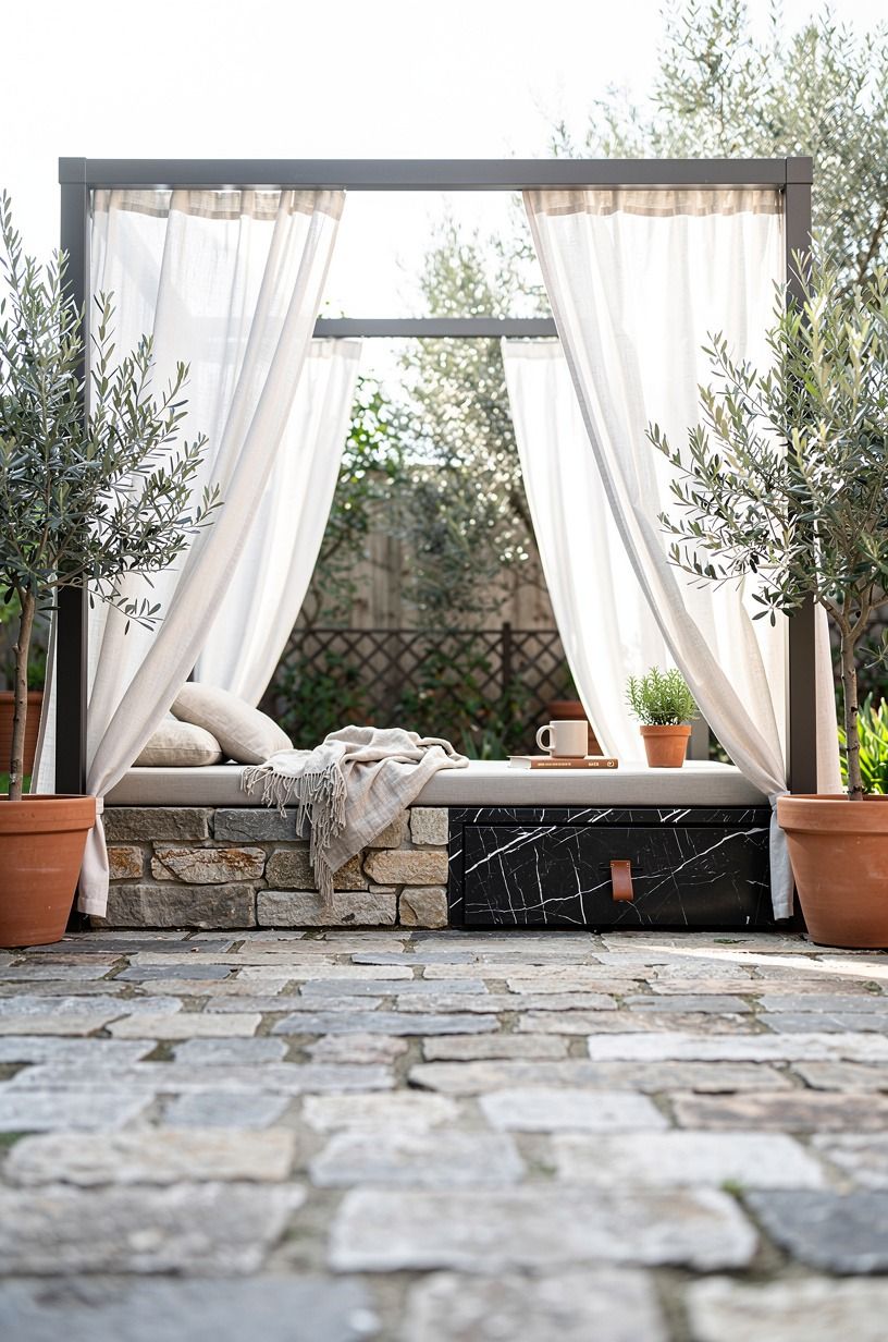Add a slim pergola with gauzy curtains