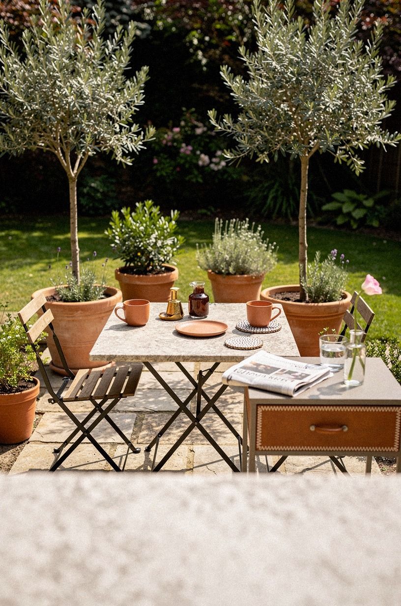 Cluster terra cotta pots around the breakfast corner