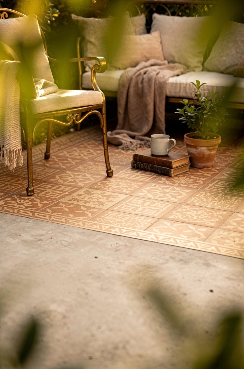 Stenciled plain concrete with tile paint